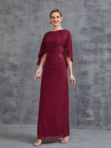 Women's Cape Floral Applique Chiffon Party Dress