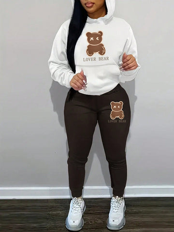 Women's Cartoon Bear Printed Hooded Sweatshirt And Sweatpants Set With Drawstring