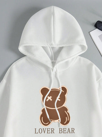 Women's Cartoon Bear Printed Hooded Sweatshirt And Sweatpants Set With Drawstring