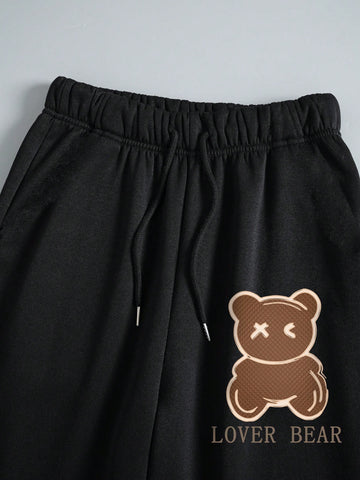 Women's Cartoon Bear Printed Hooded Sweatshirt And Sweatpants Set With Drawstring