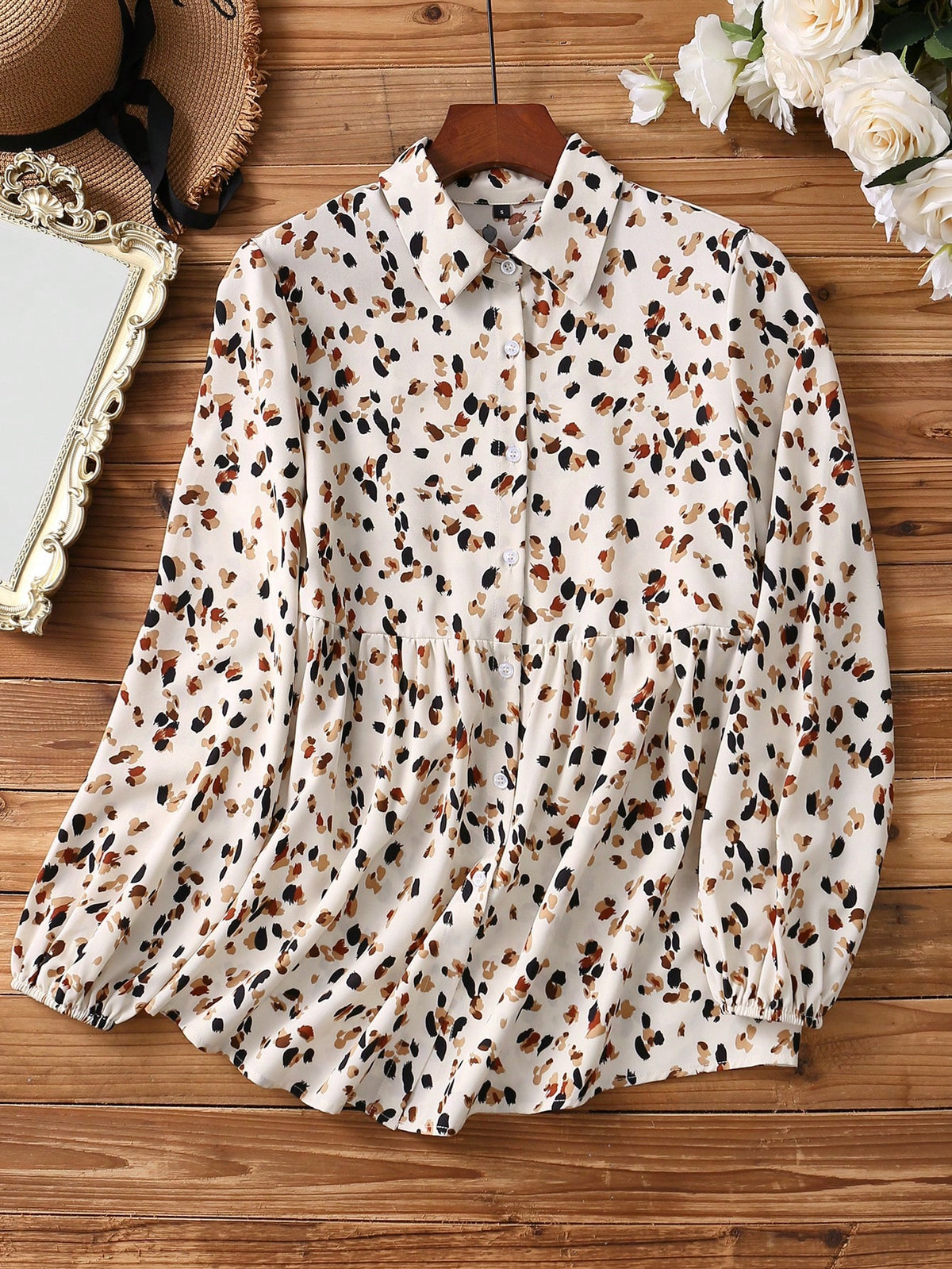 Women's Casual Allover Print Front Button Lantern Sleeve Long Sleeve Shirt, Autumn