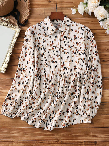 Women's Casual Allover Print Front Button Lantern Sleeve Long Sleeve Shirt, Autumn