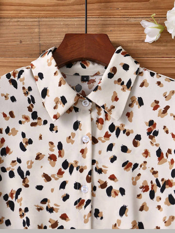 Women's Casual Allover Print Front Button Lantern Sleeve Long Sleeve Shirt, Autumn