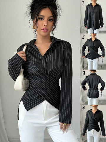 Women's Casual Black & White Striped Asymmetrical Crisscross Bow-Tie Cuff Long Sleeve Blouse For Work