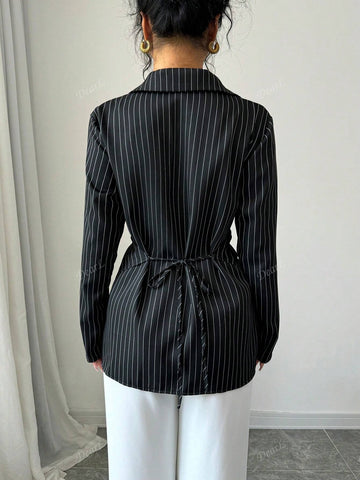 Women's Casual Black & White Striped Asymmetrical Crisscross Bow-Tie Cuff Long Sleeve Blouse For Work