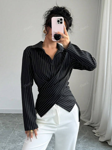 Women's Casual Black & White Striped Asymmetrical Crisscross Bow-Tie Cuff Long Sleeve Blouse For Work