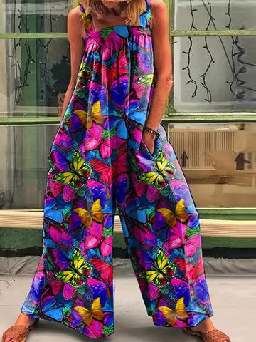 Women's Casual Butterfly Print Jumpsuit, For Holiday