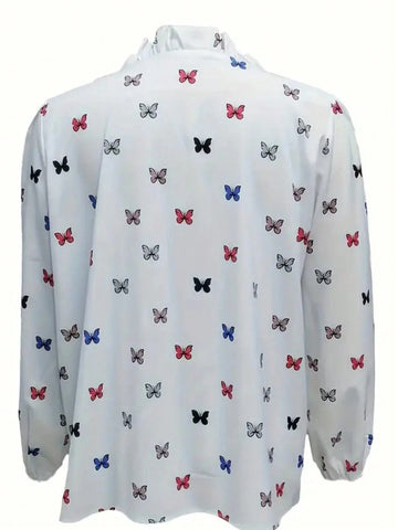Women's Casual Butterfly Print Ruffle Hem Blouse, Autumn