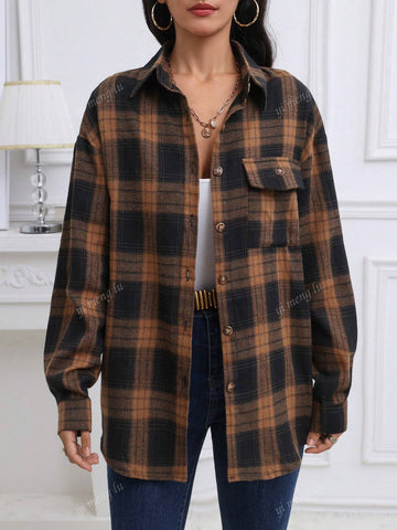 Women's Casual Button-Up Plaid Patch Pockets Long Sleeve Shirt, Autumn