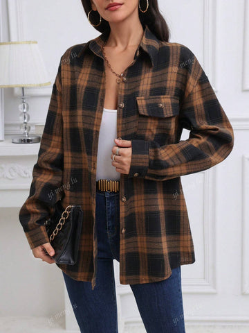 Women's Casual Button-Up Plaid Patch Pockets Long Sleeve Shirt, Autumn