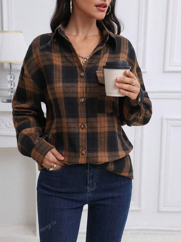 Women's Casual Button-Up Plaid Patch Pockets Long Sleeve Shirt, Autumn