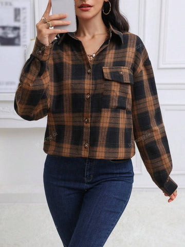 Women's Casual Button-Up Plaid Patch Pockets Long Sleeve Shirt, Autumn