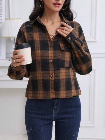 Women's Casual Button-Up Plaid Patch Pockets Long Sleeve Shirt, Autumn