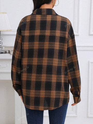 Women's Casual Button-Up Plaid Patch Pockets Long Sleeve Shirt, Autumn