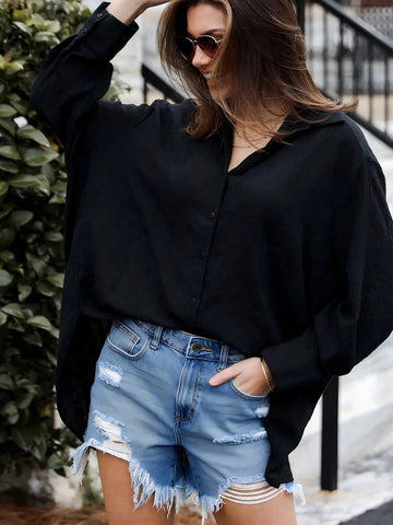 Women's Casual Button Up Loose Fit Drop Shoulder Cardigan Blouse, Comfortable & Fashionable, Spring & Autumn