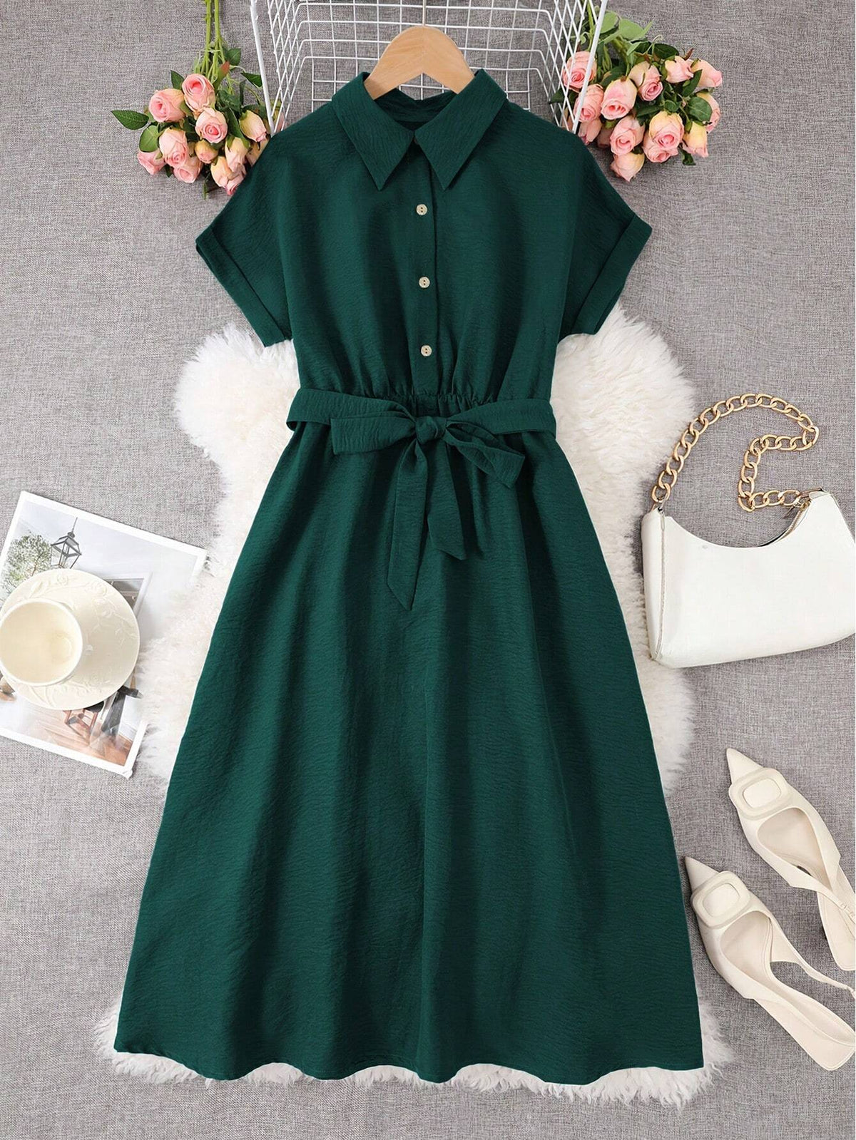Women's Casual Button Waist Belt Shirt Short Sleeve Dress