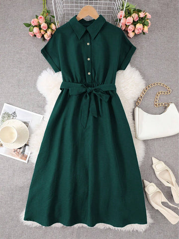 Women's Casual Button Waist Belt Shirt Short Sleeve Dress