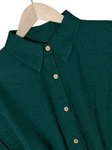 Women's Casual Button Waist Belt Shirt Short Sleeve Dress