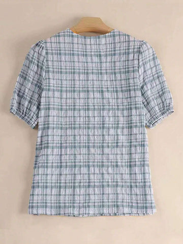 Women's Casual Checked Puff Sleeve Shirt, Summer
