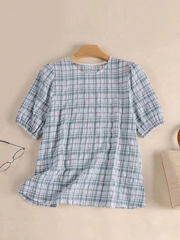 Women's Casual Checked Puff Sleeve Shirt, Summer