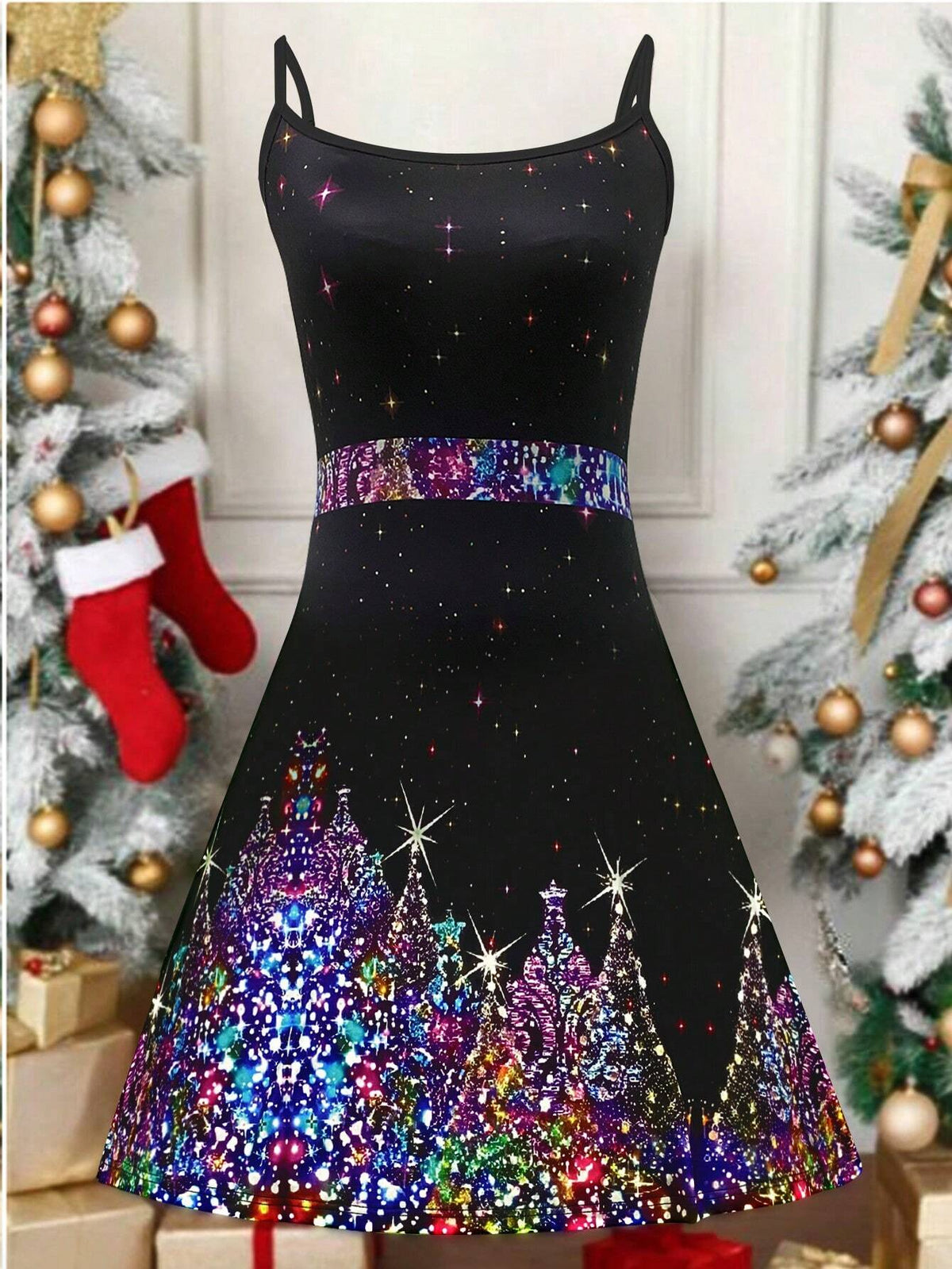Women's Casual Christmas Fantasy Colorful Print Slip Dress