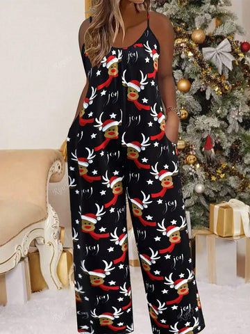 Women's Casual Christmas Reindeer Print Jumpsuit With Spaghetti Straps