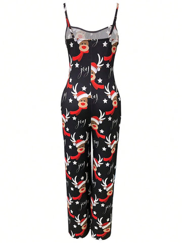 Women's Casual Christmas Reindeer Print Jumpsuit With Spaghetti Straps