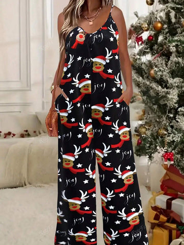 Women's Casual Christmas Reindeer Print Jumpsuit With Spaghetti Straps