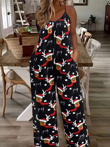 Women's Casual Christmas Reindeer Print Jumpsuit With Spaghetti Straps