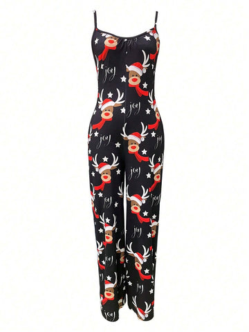 Women's Casual Christmas Reindeer Print Jumpsuit With Spaghetti Straps