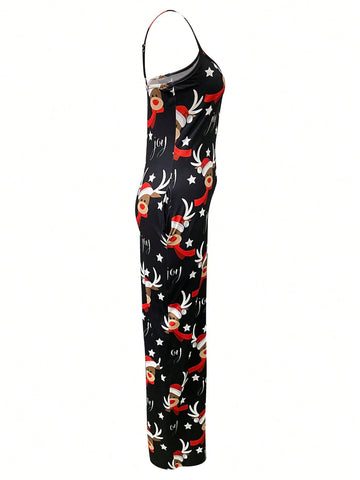 Women's Casual Christmas Reindeer Print Jumpsuit With Spaghetti Straps