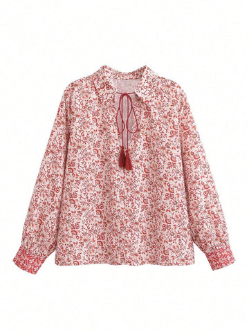 Women's Casual Collar Tie-Front Floral Printed Shirt