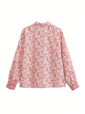 Women's Casual Collar Tie-Front Floral Printed Shirt