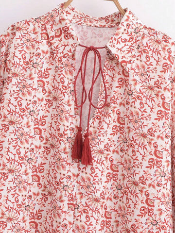 Women's Casual Collar Tie-Front Floral Printed Shirt
