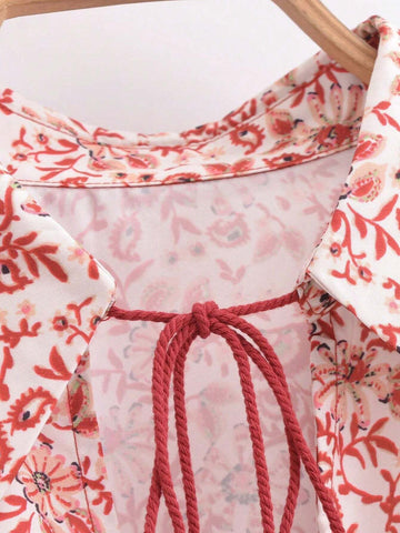Women's Casual Collar Tie-Front Floral Printed Shirt