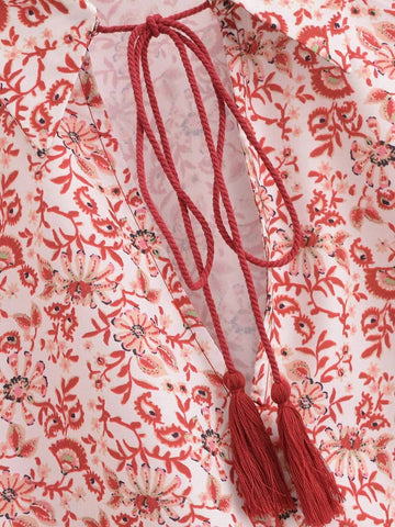 Women's Casual Collar Tie-Front Floral Printed Shirt