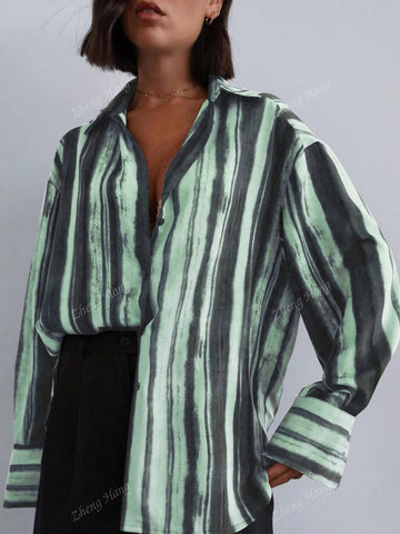 Women's Casual Colorblock Striped Printed Long Sleeve Blouse