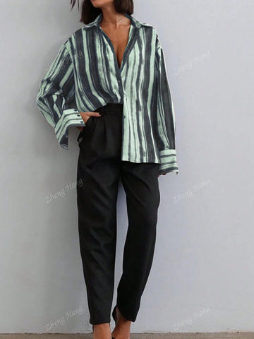 Women's Casual Colorblock Striped Printed Long Sleeve Blouse