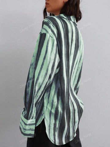 Women's Casual Colorblock Striped Printed Long Sleeve Blouse