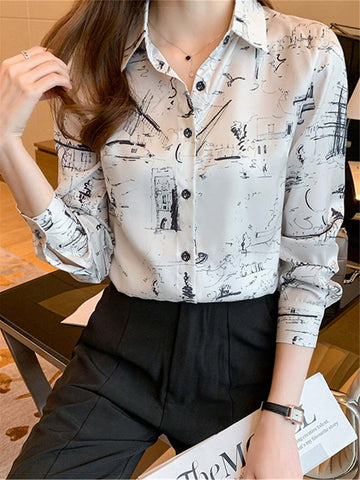 Women's Casual Commuter Long Sleeve Printed Blouse