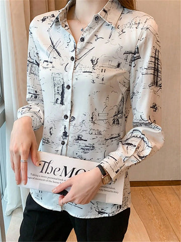 Women's Casual Commuter Long Sleeve Printed Blouse