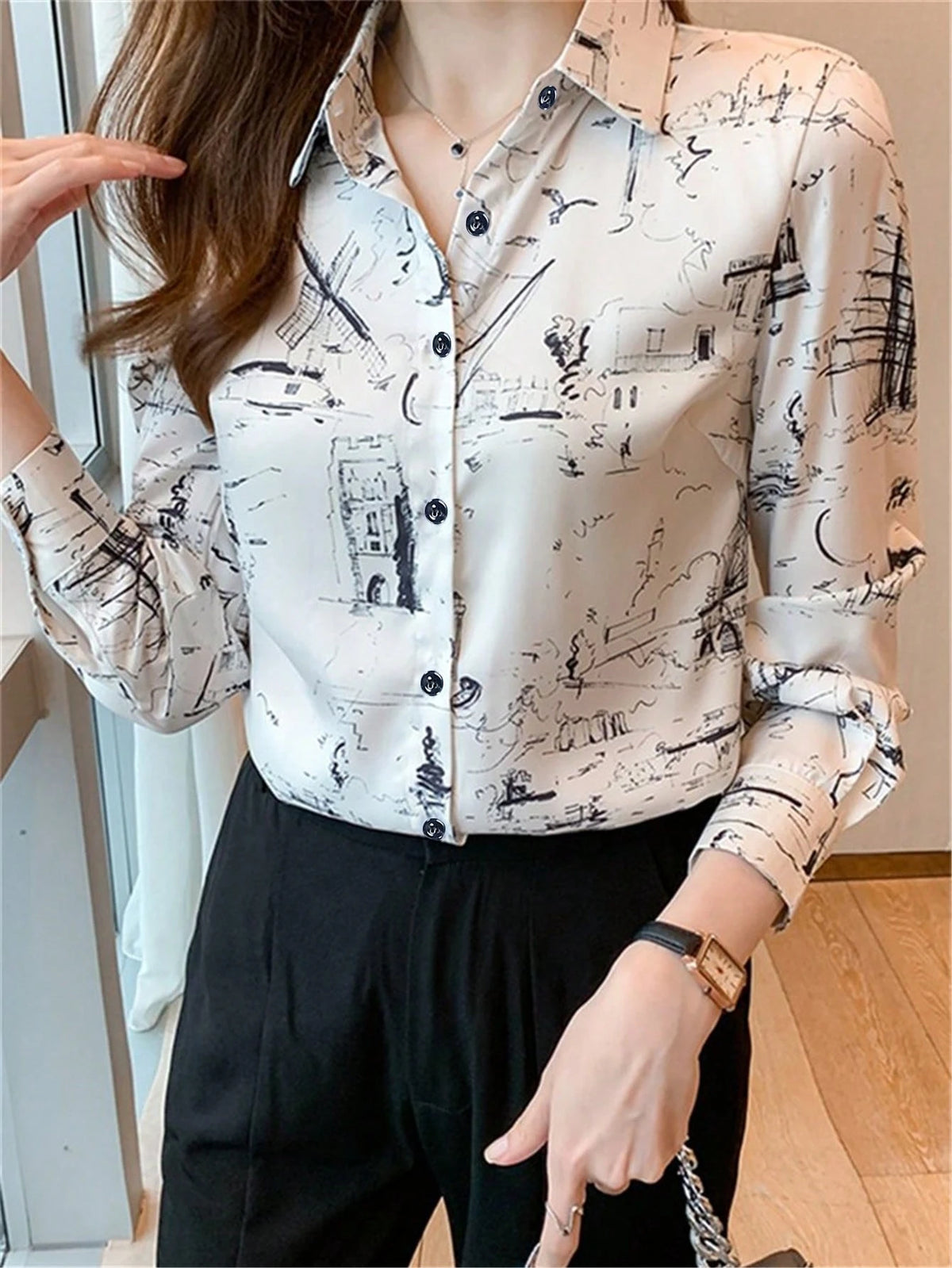 Women's Casual Commuter Long Sleeve Printed Blouse