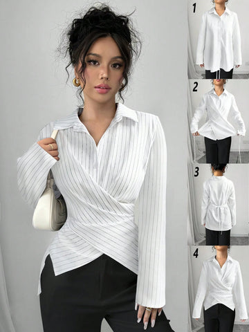 Women's Casual Commuting Dating Halloween Party Tops Asymmetric Black And White Stripes Workplace Casual Evening Date Versatile Multiple Ways To Wear Waist Slimming Asymmetrical Cross Straps Bow Long Sleeve Shirt Blouse