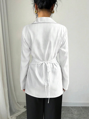 Women's Casual Commuting Dating Halloween Party Tops Asymmetric Black And White Stripes Workplace Casual Evening Date Versatile Multiple Ways To Wear Waist Slimming Asymmetrical Cross Straps Bow Long Sleeve Shirt Blouse