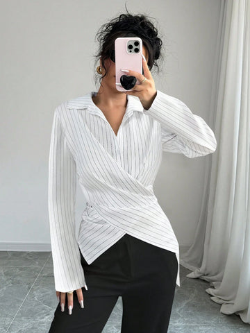 Women's Casual Commuting Dating Halloween Party Tops Asymmetric Black And White Stripes Workplace Casual Evening Date Versatile Multiple Ways To Wear Waist Slimming Asymmetrical Cross Straps Bow Long Sleeve Shirt Blouse