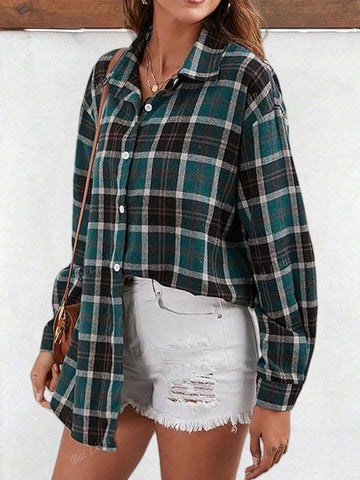 Women's Casual Commuting Plaid Shirt Long Sleeved Shoulder Down Lapel Button Up Shirt Top Suitable For Spring, Autumn, Winter