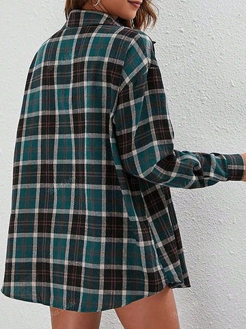 Women's Casual Commuting Plaid Shirt Long Sleeved Shoulder Down Lapel Button Up Shirt Top Suitable For Spring, Autumn, Winter