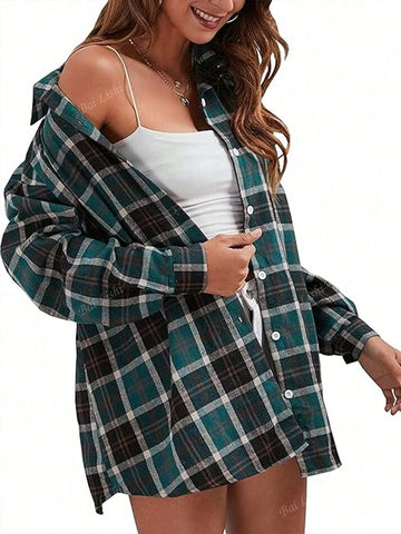 Women's Casual Commuting Plaid Shirt Long Sleeved Shoulder Down Lapel Button Up Shirt Top Suitable For Spring, Autumn, Winter