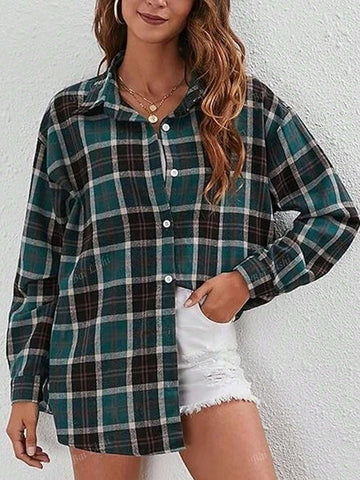 Women's Casual Commuting Plaid Shirt Long Sleeved Shoulder Down Lapel Button Up Shirt Top Suitable For Spring, Autumn, Winter