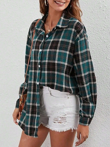 Women's Casual Commuting Plaid Shirt Long Sleeved Shoulder Down Lapel Button Up Shirt Top Suitable For Spring, Autumn, Winter